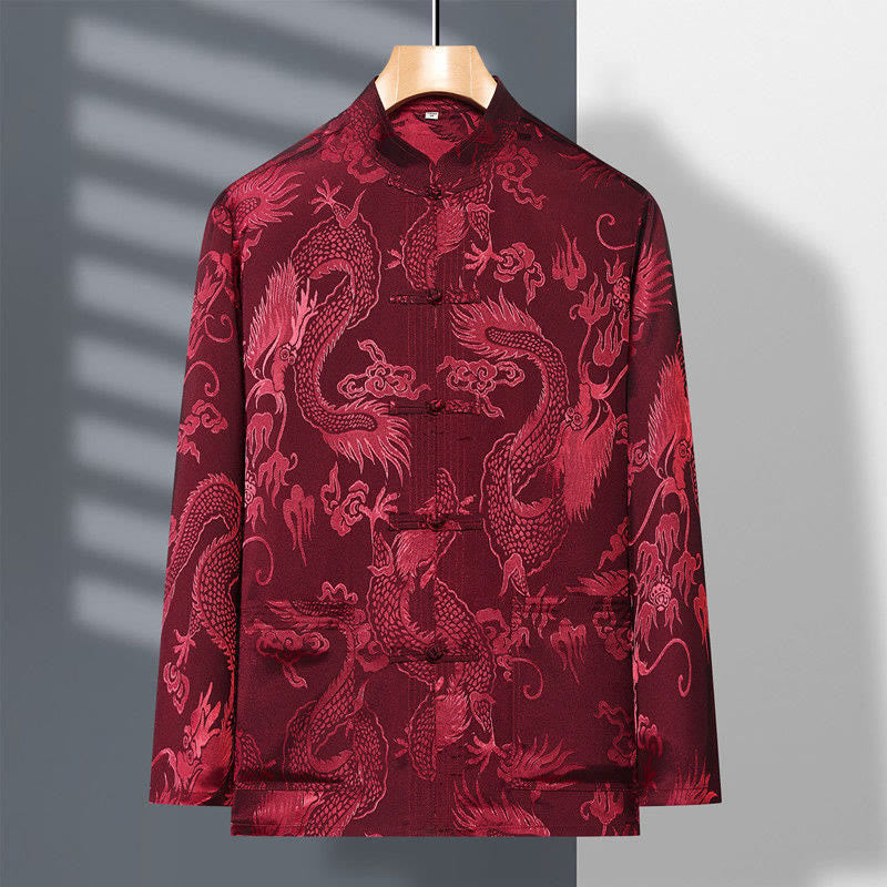 Ensemble de vêtements 2 pièces pour homme avec chemise à manches longues et pantalon et boutons en forme de Buddha Stones et de dragon