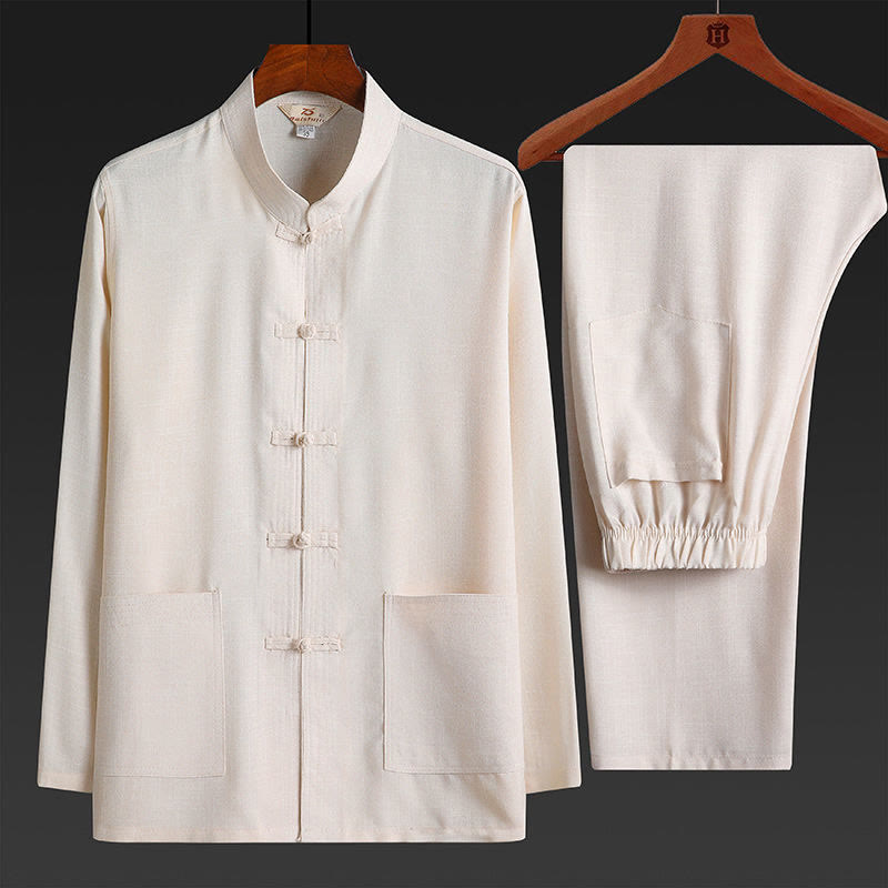 Ensemble chemise à manches longues et pantalon pour homme, 2 pièces, couleur unie, Buddha Stones de grenouille, style Tang - Lin - Ensemble de 2 pièces - US/UK/AU44，EU54 (4XL) - image 18