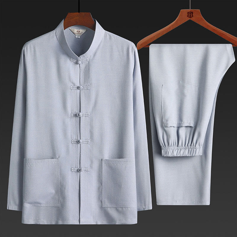 Ensemble chemise à manches longues et pantalon pour homme, 2 pièces, couleur unie, Buddha Stones de grenouille, style Tang - Gris clair - Ensemble de 2 pièces - US/UK/AU44，EU54 (4XL) - image 5