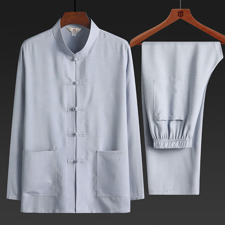 Ensemble chemise à manches longues et pantalon pour homme, 2 pièces, couleur unie, Buddha Stones de grenouille, style Tang - Gris clair - Ensemble de 2 pièces - US/UK/AU44，EU54 (4XL) - image 5