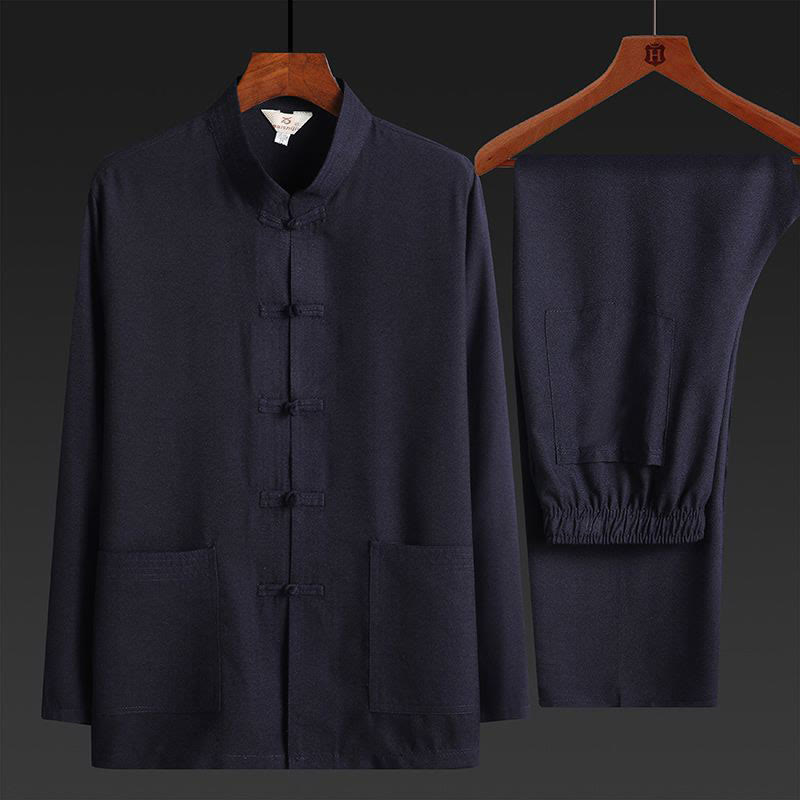 Ensemble chemise à manches longues et pantalon pour homme, 2 pièces, couleur unie, Buddha Stones de grenouille, style Tang - Bleu nuit - Ensemble de 2 pièces - US/UK/AU44，EU54 (4XL) - image 0