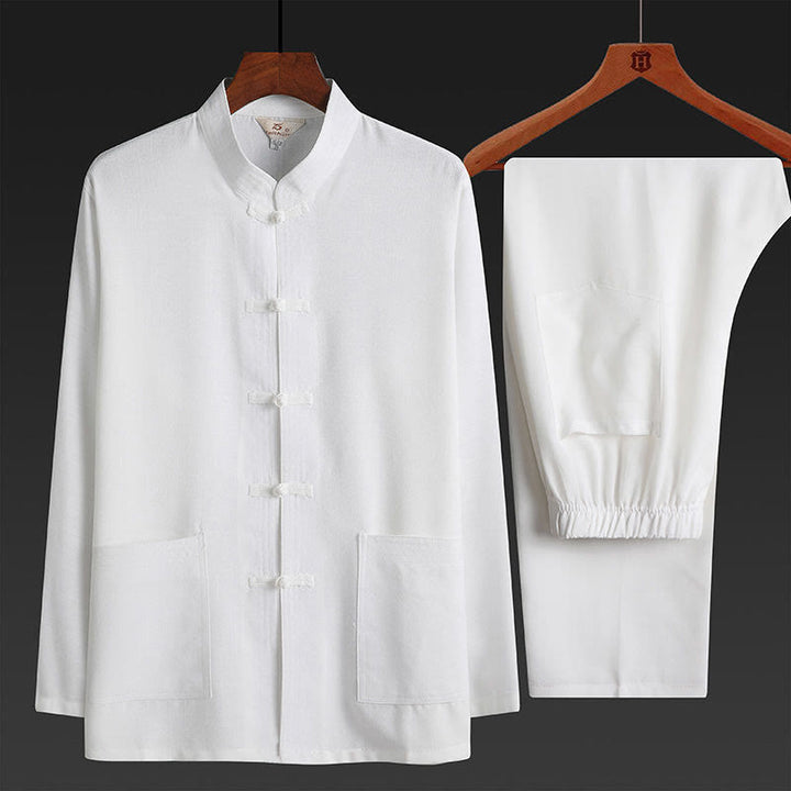 Ensemble chemise à manches longues et pantalon pour homme, 2 pièces, couleur unie, Buddha Stones de grenouille, style Tang - Blanc - Ensemble de 2 pièces - US/UK/AU44，EU54 (4XL) - image 21