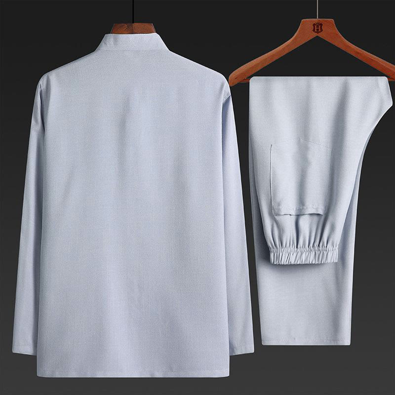 Ensemble chemise et pantalon à manches longues pour homme , Buddha Stones , couleur unie Tang Suit 2 pièces, fermeture à boutons grenouille - image 4