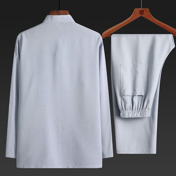 Ensemble chemise et pantalon à manches longues pour homme , Buddha Stones , couleur unie Tang Suit 2 pièces, fermeture à boutons grenouille - image 4