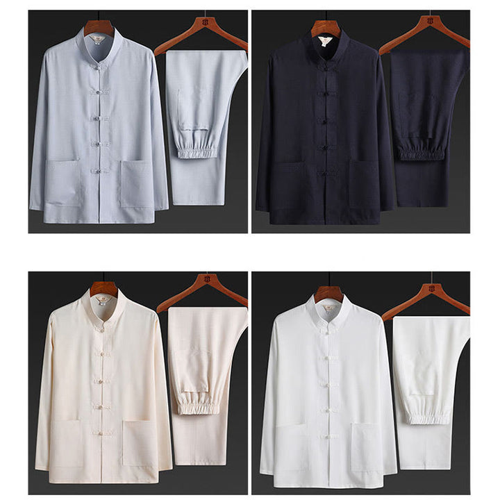 Ensemble chemise et pantalon à manches longues pour homme , Buddha Stones , couleur unie Tang Suit 2 pièces, fermeture à boutons grenouille - image 22