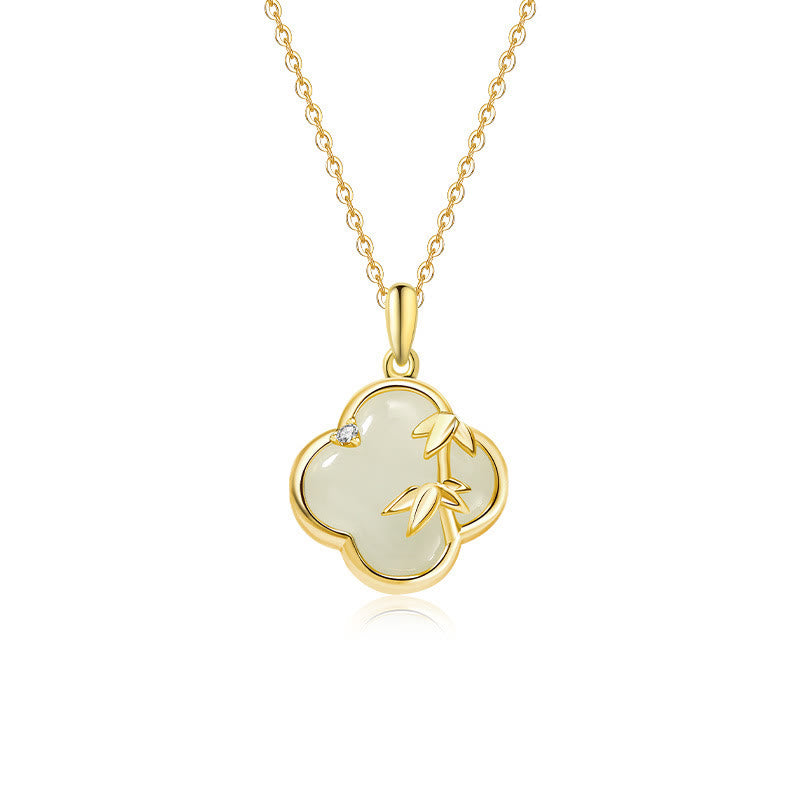 Collier pendentif en argent sterling 925 avec trèfle à quatre feuilles et bambou en jade Hetian de Buddha Stones