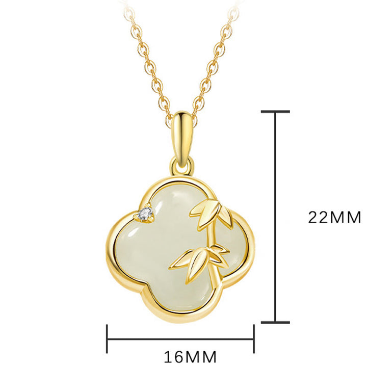 Collier pendentif en argent sterling 925 avec trèfle à quatre feuilles et bambou en jade Hetian de Buddha Stones