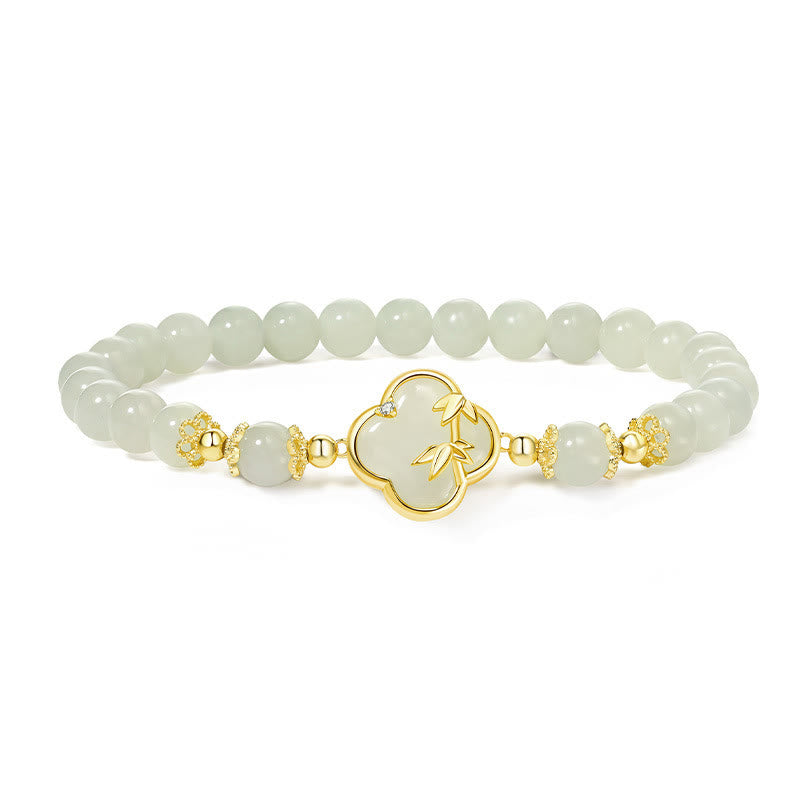 Bracelet porte-bonheur en bambou et trèfle à quatre feuilles en argent sterling 925 avec Buddha Stones et jade Hetian
