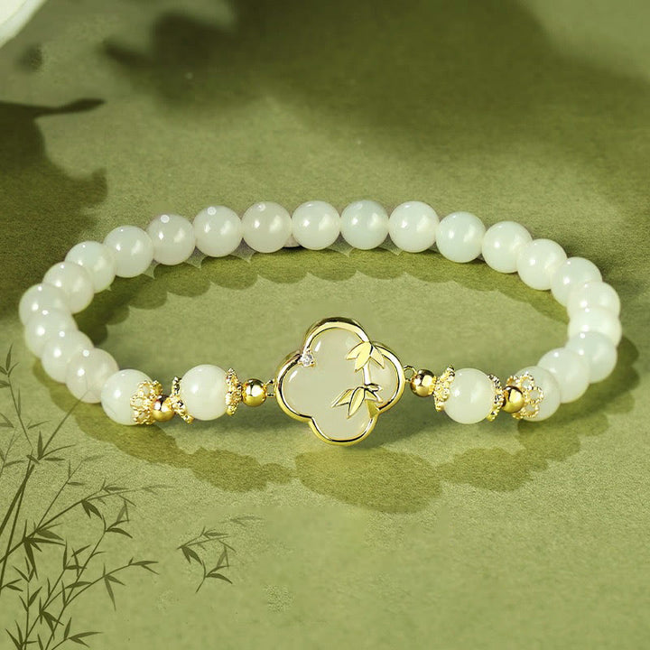 Bracelet porte-bonheur en bambou et trèfle à quatre feuilles en argent sterling 925 avec Buddha Stones et jade Hetian