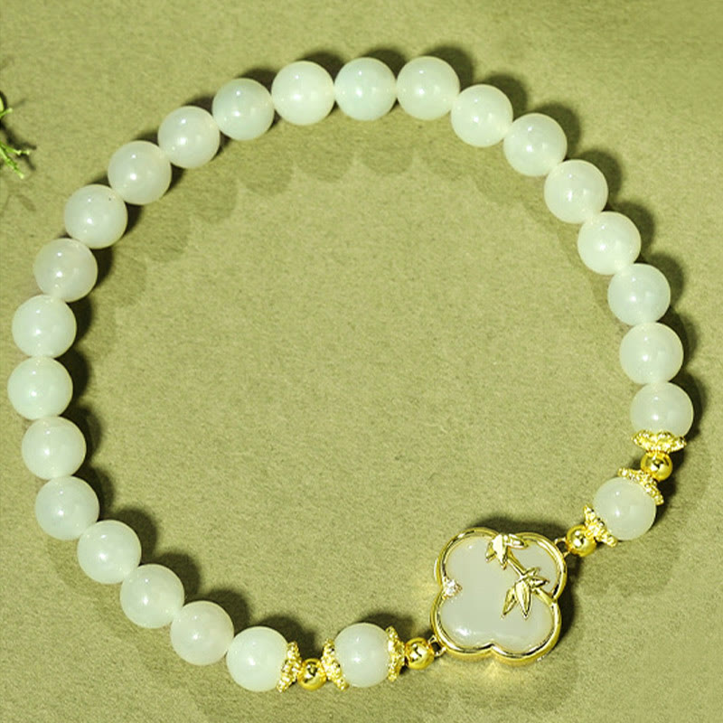 Bracelet porte-bonheur en bambou et trèfle à quatre feuilles en argent sterling 925 avec Buddha Stones et jade Hetian
