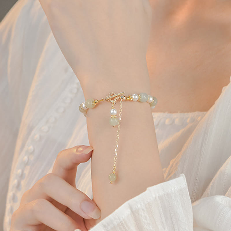 Bracelet d'abondance avec pendentif en trèfle à quatre feuilles en alliage de perles de jade Hetian et Buddha Stones