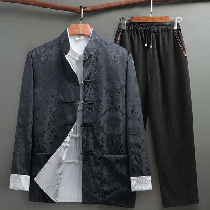 Buddha Stones Ensemble de 2 pièces pour homme avec chemise à manches longues et pantalon à motif de poisson Koi et boutons de grenouille - Gris - US/UK/AU42，EU52 (3XL) - image 0