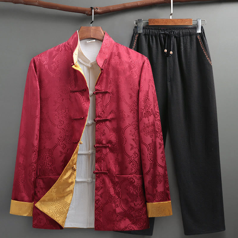 Buddha Stones Ensemble de 2 pièces pour homme avec chemise à manches longues et pantalon à motif de poisson Koi et boutons de grenouille - Cramoisi - US/UK/AU42，EU52 (3XL) - image 16