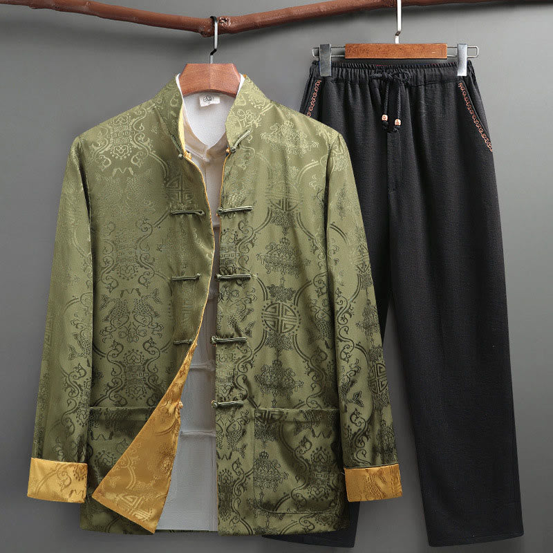 Buddha Stones Ensemble de 2 pièces pour homme avec chemise à manches longues et pantalon à motif de poisson Koi et boutons de grenouille - JauneVert - US/UK/AU42，EU52 (3XL) - image 22