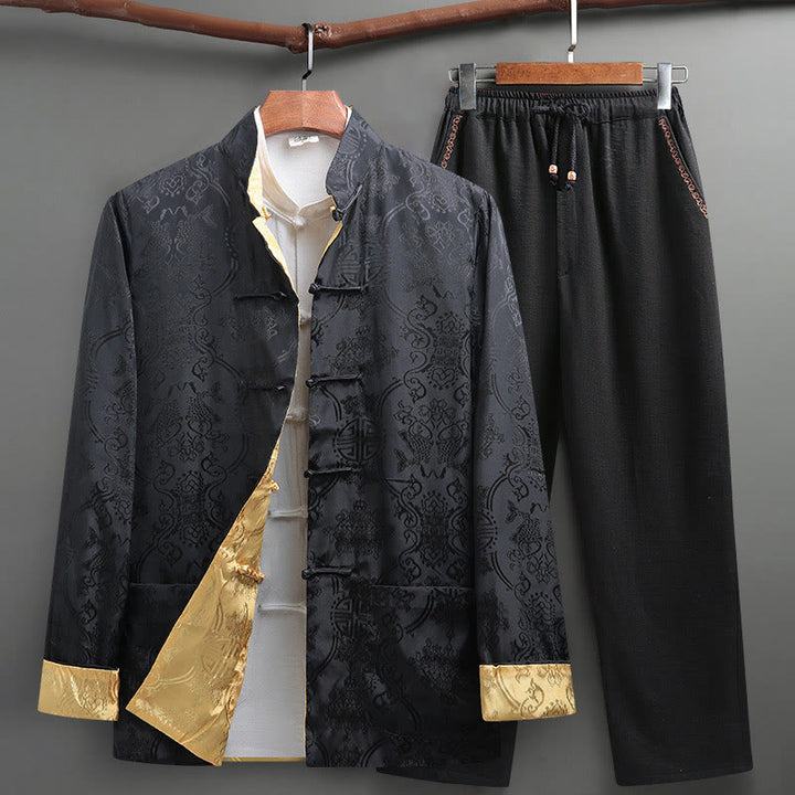 Buddha Stones Ensemble de 2 pièces pour homme avec chemise à manches longues et pantalon à motif de poisson Koi et boutons de grenouille