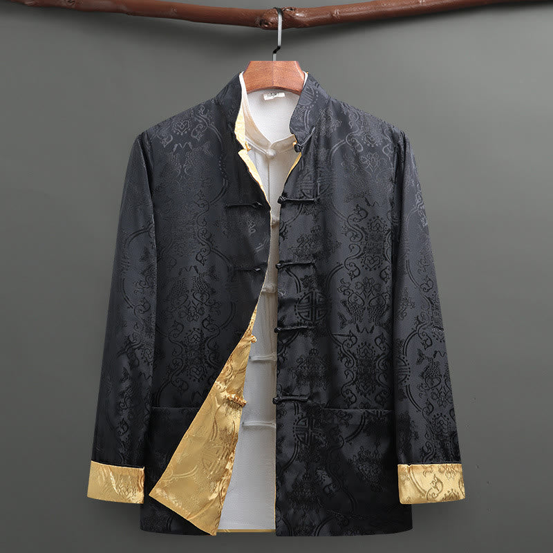Chemise à manches longues pour homme Buddha Stones Tang Suit à boutons grenouille, motif carpe koï, avec poches - Noir - US/UK/AU42，EU52 (3XL) - image 0