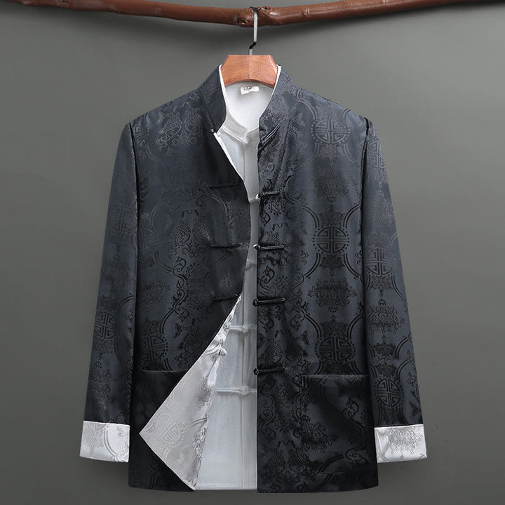 Buddha Stones Costume Tang à boutons de grenouille pour hommes Motif poisson Koi Veste à manches longues Chemise avec poches