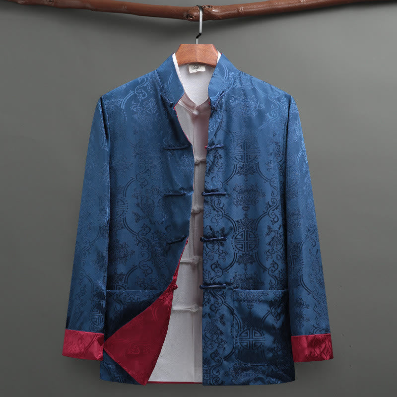 Buddha Stones Costume Tang à boutons de grenouille pour hommes Motif poisson Koi Veste à manches longues Chemise avec poches