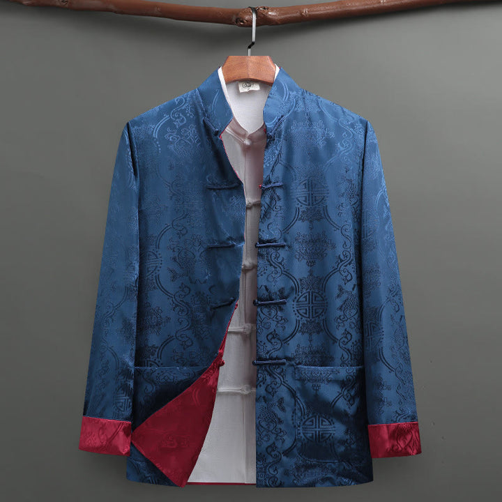 Buddha Stones Costume Tang à boutons de grenouille pour hommes Motif poisson Koi Veste à manches longues Chemise avec poches