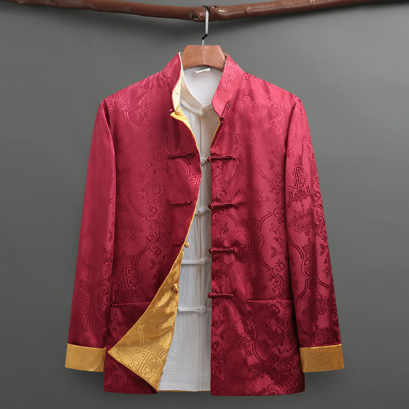 Chemise à manches longues pour homme Buddha Stones Tang Suit à boutons grenouille, motif carpe koï, avec poches - Cramoisi - US/UK/AU42，EU52 (3XL) - image 9
