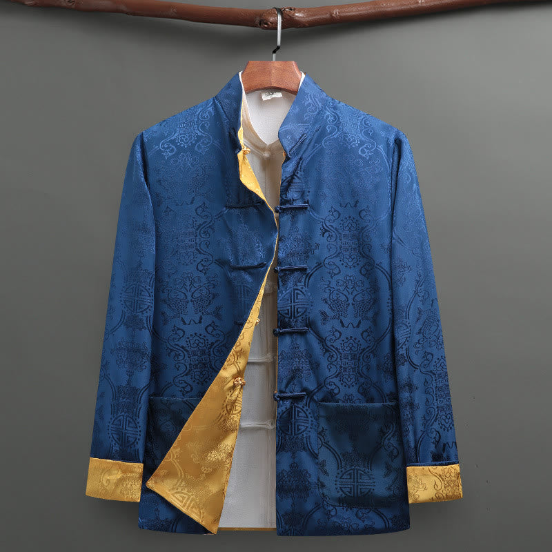Chemise à manches longues pour homme Buddha Stones Tang Suit à boutons grenouille, motif carpe koï, avec poches - Bleu + Jaune - US/UK/AU42，EU52 (3XL) - image 1