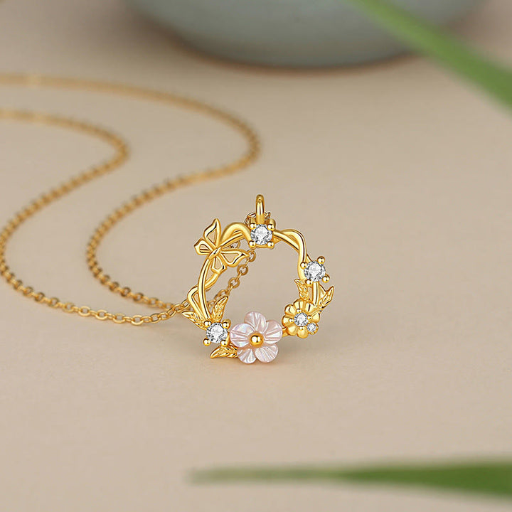 Collier pendentif bénédiction fleur de pêcher papillon coquillage en argent sterling 925 Buddha Stones et zircone cubique