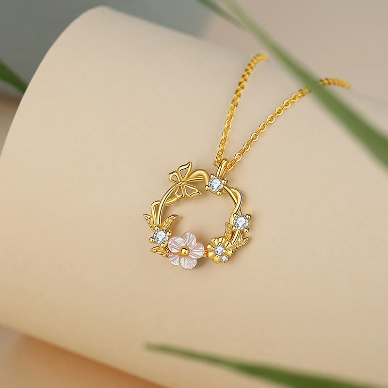 Collier pendentif bénédiction fleur de pêcher papillon coquillage en argent sterling 925 Buddha Stones et zircone cubique