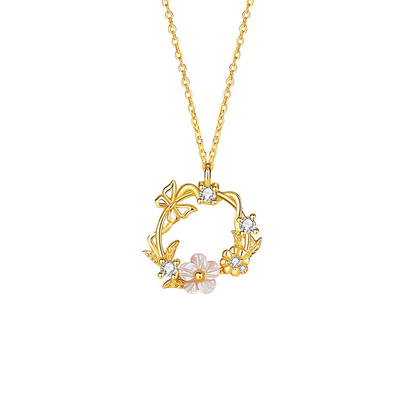 Collier pendentif bénédiction fleur de pêcher papillon coquillage en argent sterling 925 Buddha Stones et zircone cubique
