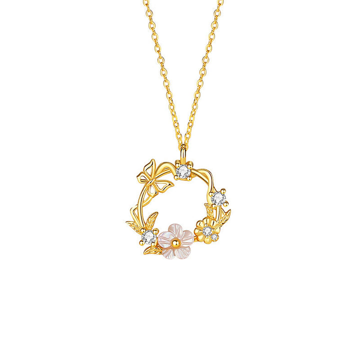 Collier pendentif bénédiction fleur de pêcher papillon coquillage en argent sterling 925 Buddha Stones et zircone cubique