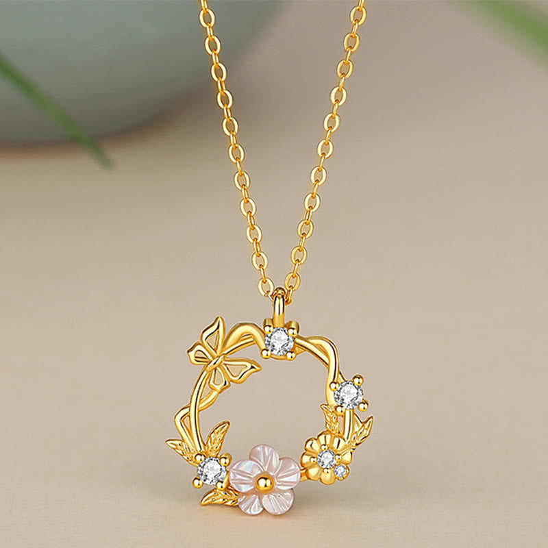 Collier pendentif bénédiction fleur de pêcher papillon coquillage en argent sterling 925 Buddha Stones et zircone cubique