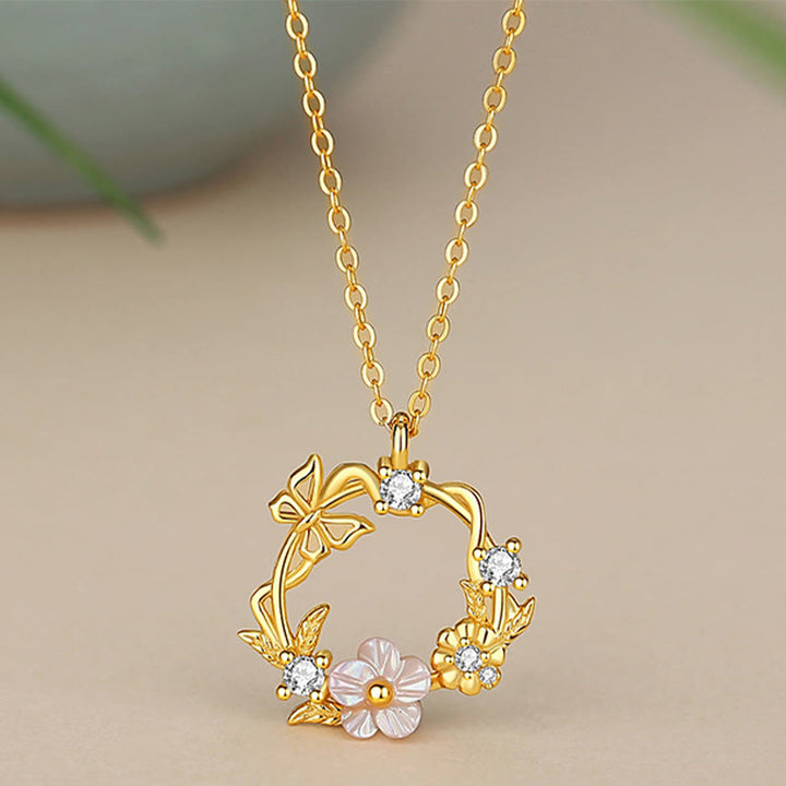 Collier pendentif bénédiction fleur de pêcher papillon coquillage en argent sterling 925 Buddha Stones et zircone cubique