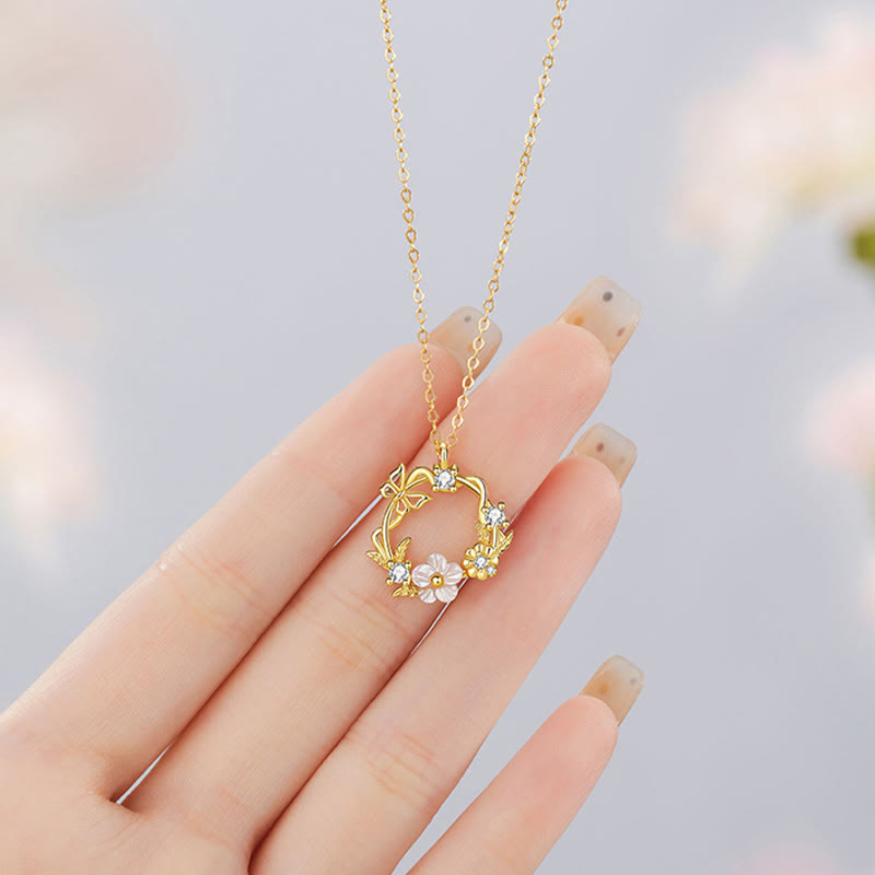Collier pendentif bénédiction fleur de pêcher papillon coquillage en argent sterling 925 Buddha Stones et zircone cubique