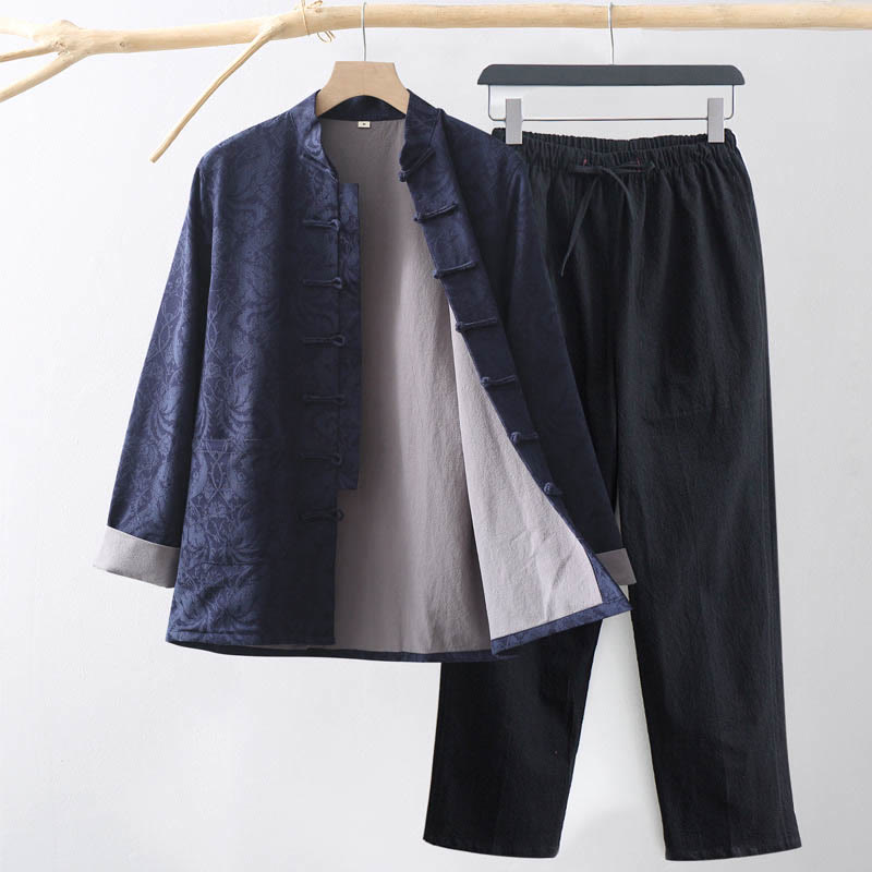 Ensemble 2 pièces pour homme, chemise à manches longues et pantalon en coton à boutons de grenouille, motif vigne jacquard, Buddha Stones - Bleu acier - US/UK/AU44，EU54 (4XL) - image 0