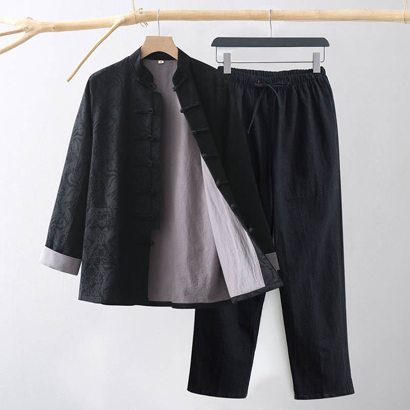 Ensemble 2 pièces pour homme, chemise à manches longues et pantalon en coton à boutons de grenouille, motif vigne jacquard, Buddha Stones - Noir - US/UK/AU44，EU54 (4XL) - image 10