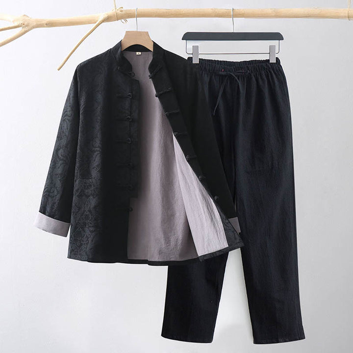 Ensemble 2 pièces pour homme, chemise à manches longues et pantalon en coton à boutons de grenouille, motif vigne jacquard, Buddha Stones - Noir - US/UK/AU44，EU54 (4XL) - image 10