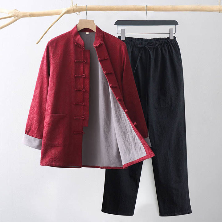 Ensemble 2 pièces pour homme, chemise à manches longues et pantalon en coton à boutons de grenouille, motif vigne jacquard, Buddha Stones - Cramoisi - US/UK/AU44，EU54 (4XL) - image 9