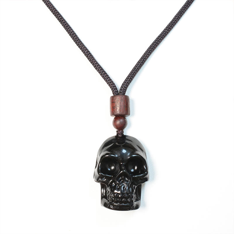 Collier pendentif en obsidienne noire avec Buddha Stones et squelette Shmashana