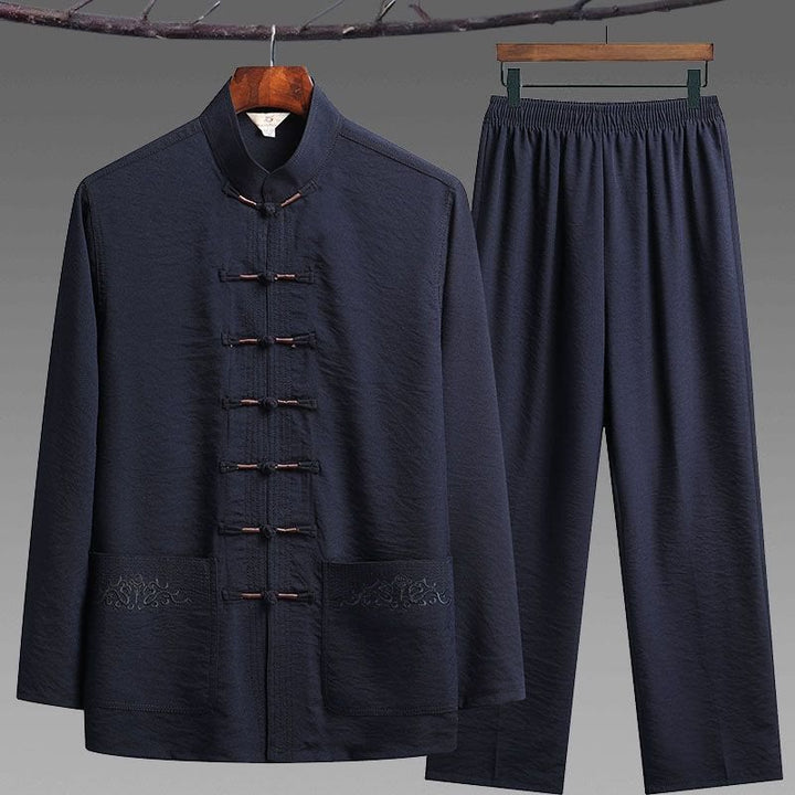 Ensemble de 2 pièces de costume Tang uni pour homme avec chemise à manches longues et pantalon à boutons de Buddha Stones