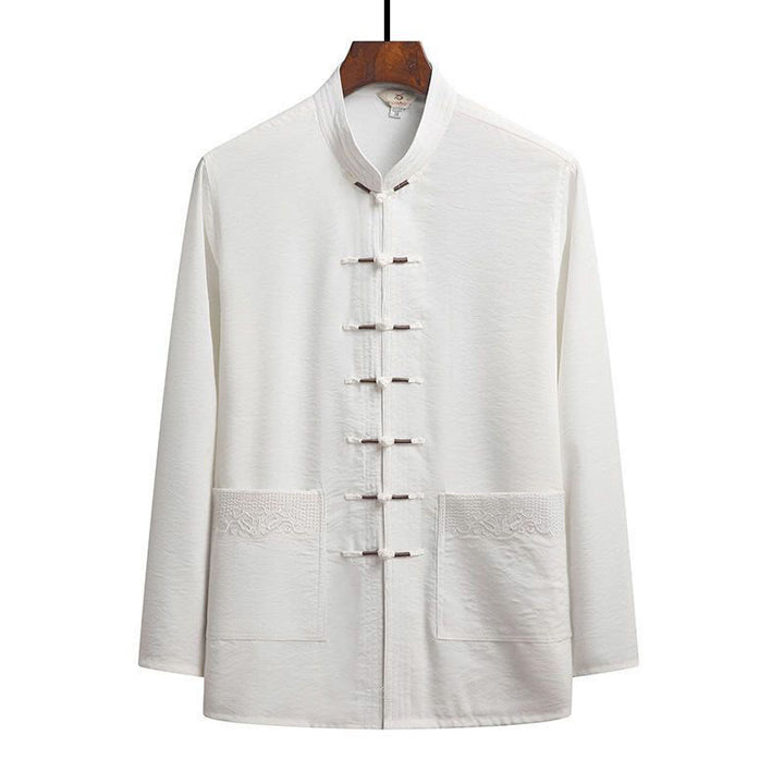 Ensemble de 2 pièces de costume Tang uni pour homme avec chemise à manches longues et pantalon à boutons de Buddha Stones