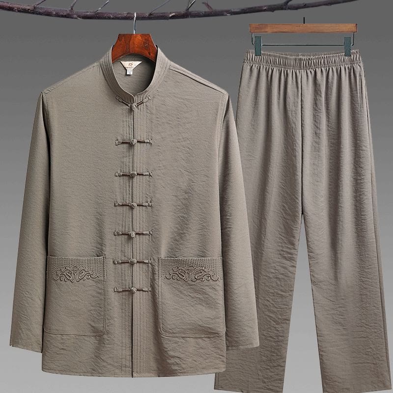 Ensemble de 2 pièces de costume Tang uni pour homme avec chemise à manches longues et pantalon à boutons de Buddha Stones