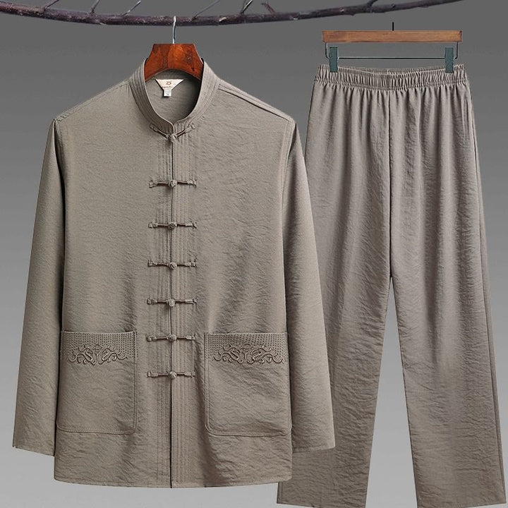 Ensemble de 2 pièces de costume Tang uni pour homme avec chemise à manches longues et pantalon à boutons de Buddha Stones