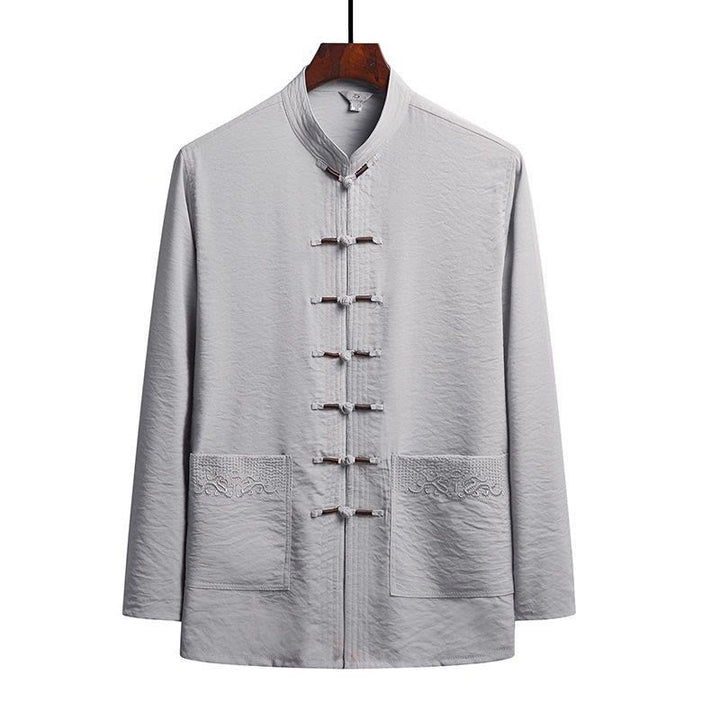 Ensemble de 2 pièces de costume Tang uni pour homme avec chemise à manches longues et pantalon à boutons de Buddha Stones - Gris clair - Chemise - US/UK/AU44，EU54 (4XL) - image 13
