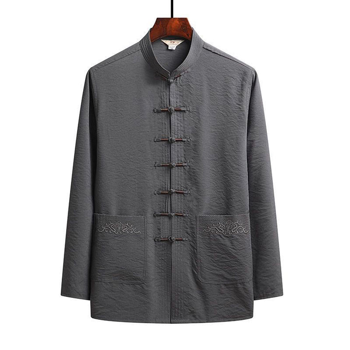 Ensemble de 2 pièces de costume Tang uni pour homme avec chemise à manches longues et pantalon à boutons de Buddha Stones - Gris - Chemise - US/UK/AU44，EU54 (4XL) - image 5