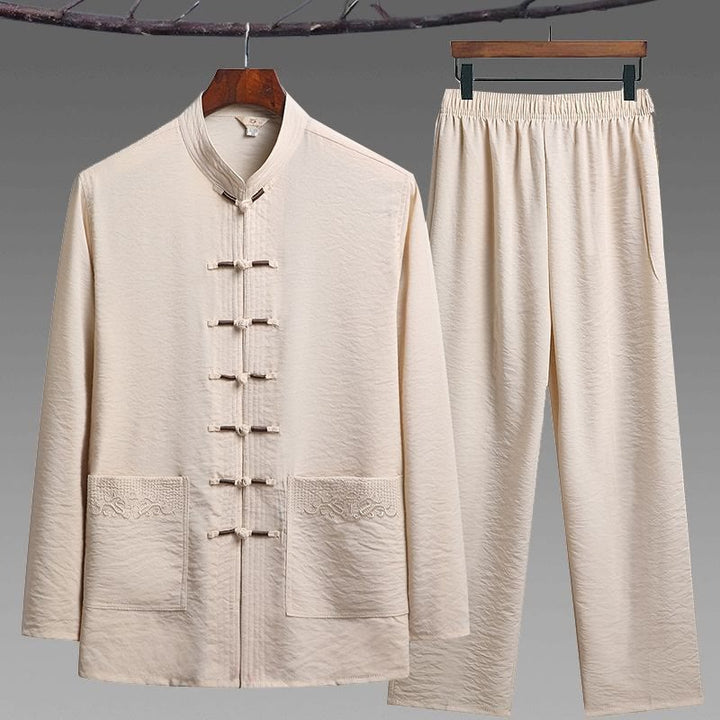 Ensemble de 2 pièces de costume Tang uni pour homme avec chemise à manches longues et pantalon à boutons de Buddha Stones