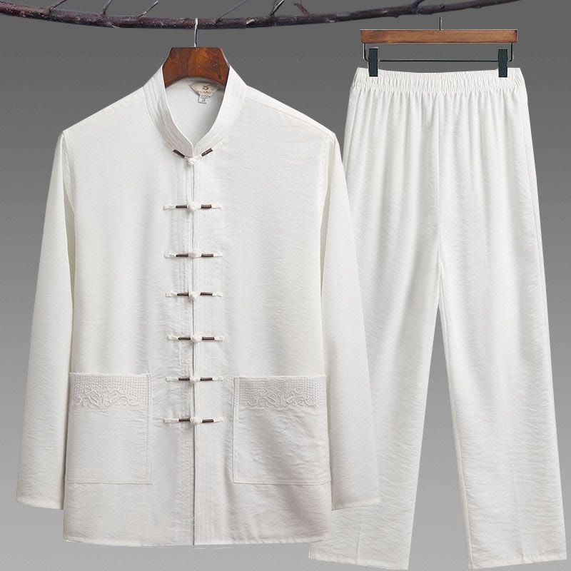 Ensemble de 2 pièces de costume Tang uni pour homme avec chemise à manches longues et pantalon à boutons de Buddha Stones