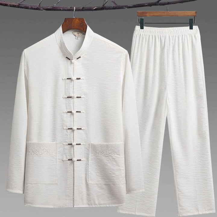 Ensemble de 2 pièces de costume Tang uni pour homme avec chemise à manches longues et pantalon à boutons de Buddha Stones