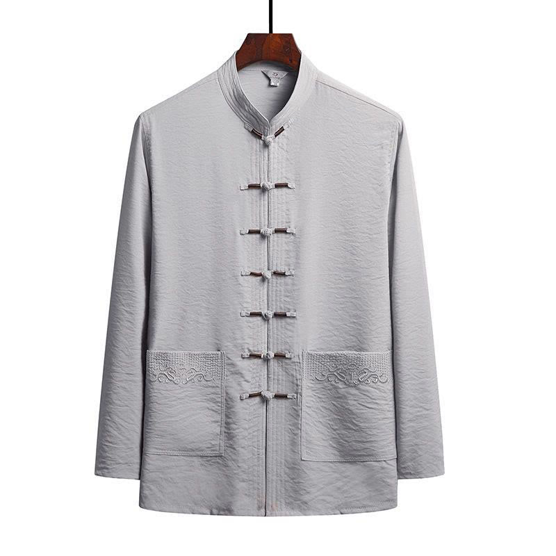 Ensemble de 2 pièces de costume Tang uni pour homme avec chemise à manches longues et pantalon à boutons de Buddha Stones - Gris clair - Chemise - US/UK/AU42，EU52 (4XL) - image 11