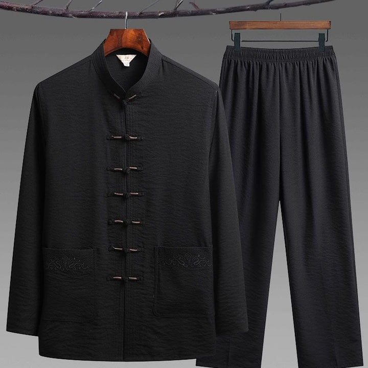 Ensemble de 2 pièces de costume Tang uni pour homme avec chemise à manches longues et pantalon à boutons de Buddha Stones