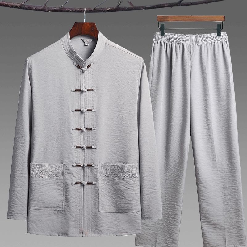 Ensemble de 2 pièces de costume Tang uni pour homme avec chemise à manches longues et pantalon à boutons de Buddha Stones