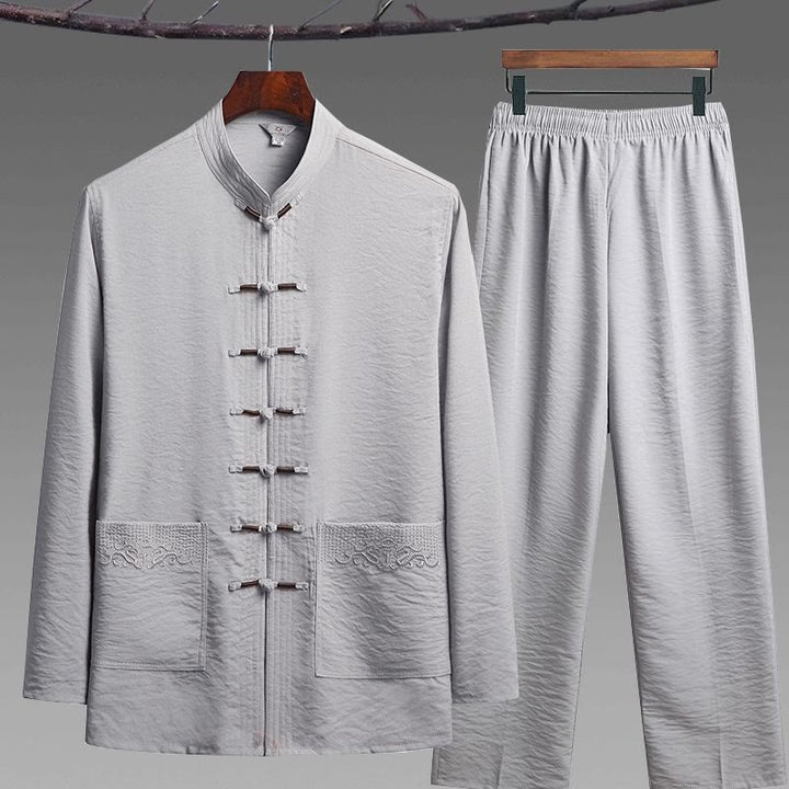 Ensemble de 2 pièces de costume Tang uni pour homme avec chemise à manches longues et pantalon à boutons de Buddha Stones